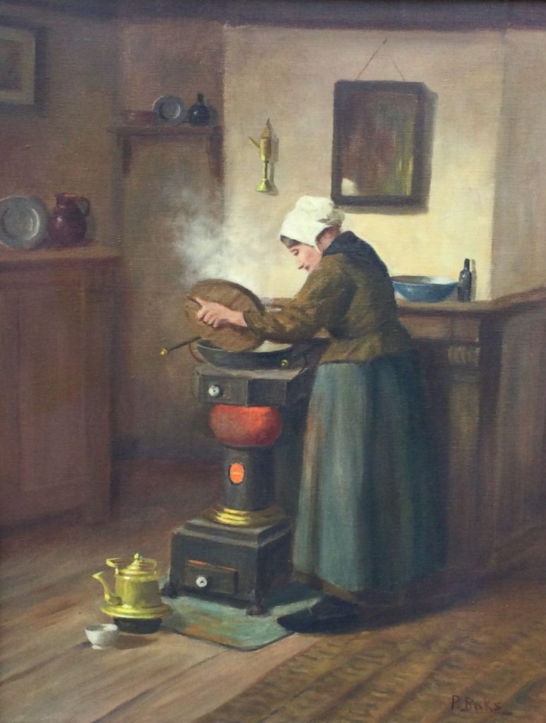 Kunst te koop bij Galerie Wijdemeren van kunstschilder Hendrik van Langen Keukeninterieur olie op doek, 50.5 x 40.5 cm rechtsonder gesigneerd