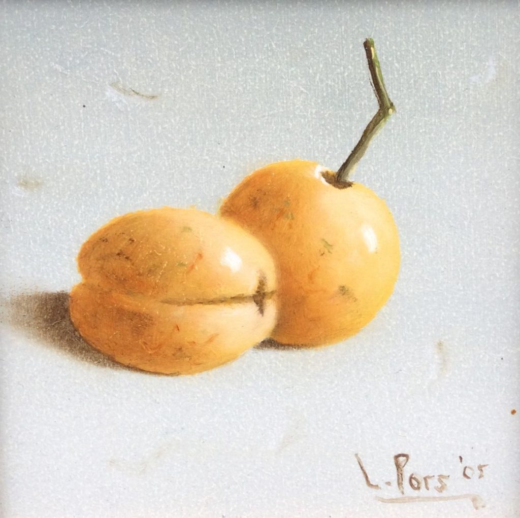 Kunst te koop bij Galerie Wijdemeren van kunstschilder Leo Pors Gele vruchten olie op paneel, 10 x 10 cm rechtsonder gesigneerd en gedateerd 05