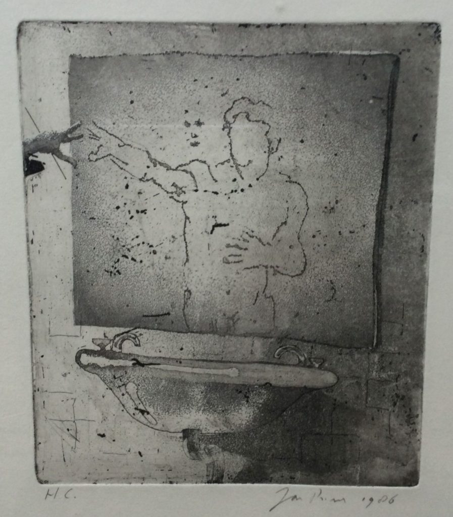 Kunst te koop bij Galerie Wijdemeren van kunstenaar Jan Prins De Spiegel, illustratie bij verhalenbundel Teun Kroon litho, beeldmaat 19.5 x 17 cm handgesigneerd rechtsonder, gedateerd 1986