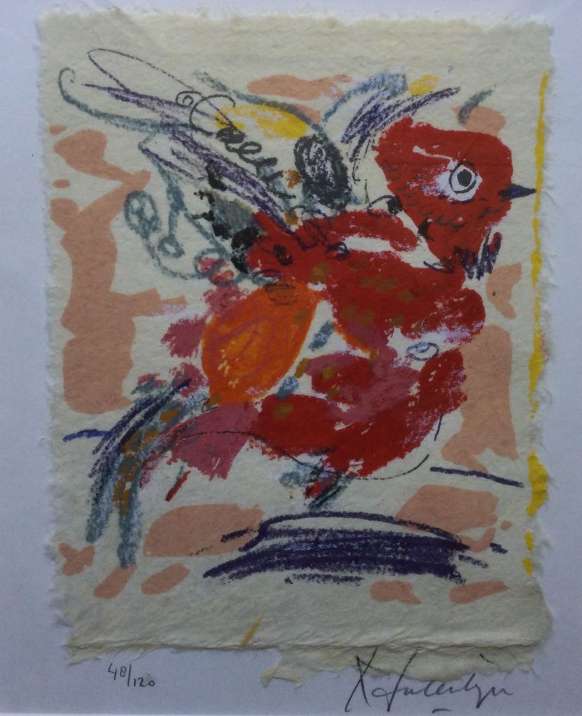 Kunst te koop bij Galerie Wijdemeren van kunstschilder Kees Salentijn Vogeltje zeefdruk, 24.5 x 20 cm rechtsonder handgesigneerd, linksonder oplage 48/120