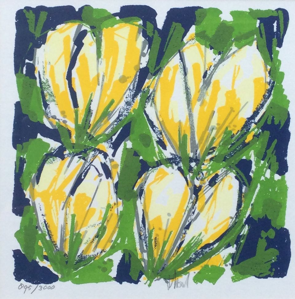 Kunst te koop bij Galerie Wijdemeren van kunstenaar graficus Ad van Hassel Gele tulpen litho, 22.5 x 22.5 cm middenonder handgesigneerd, oplage 895/3000