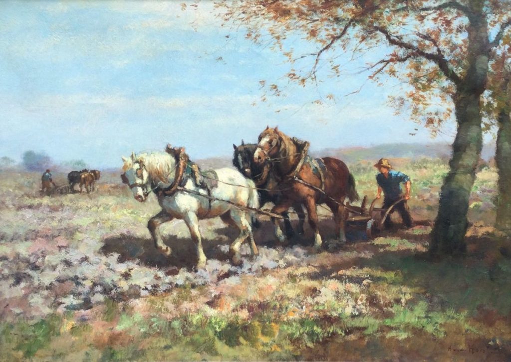 schilderijen te koop van A vd Horst Ploegende boer op land olie op doek, 50 x 70 cm gesigneerd, expositie galerie wijdemeren breukeleveen
