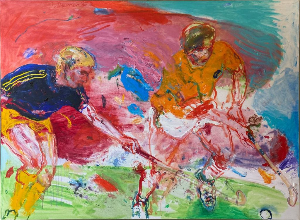 Kunst te koop bij galerie Wijdemeren van kunstschilder Jan van Diemen Hockeyspelers olie op doek, 140 x 180 cm linksboven gesigneerd en gedateerd '90