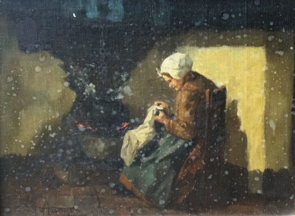 Kunst te koop bij Galerie Wijdemeren van kunstschilder H. van Langen Borduren bij het vuur marouflé, 17 x 23 cm linksonder gesigneerd