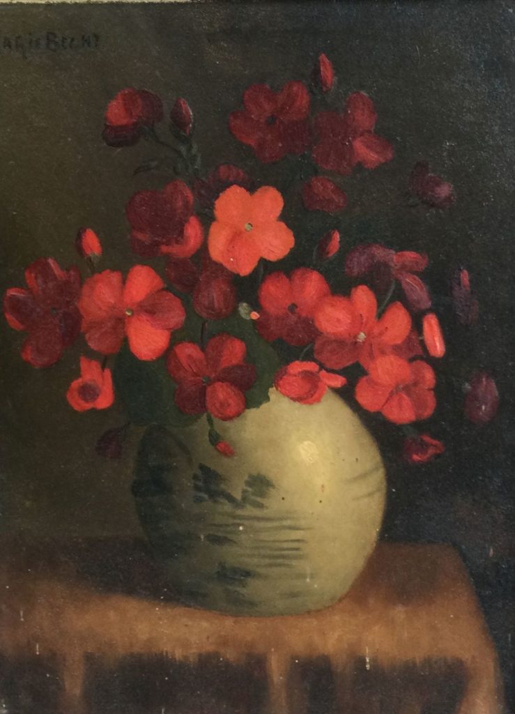 Kunst te koop bij Galerie Wijdemeren van kunstschilder Marie Beent Stilleven met bloemen in gemberpotje olie op paneel, 24 x 18 cm linksboven gesigneerd
