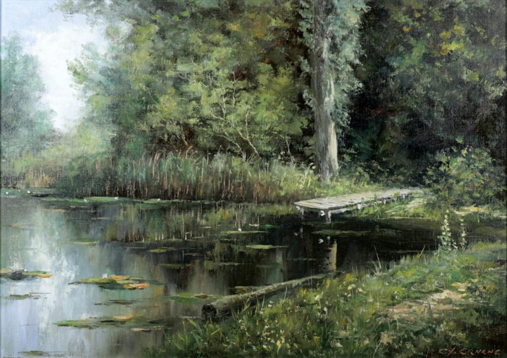 schilderijen te koop, kunstschilderm GJ Ernens waterlandschap gesigneerd, galerie wijdemeren Breukeleveen