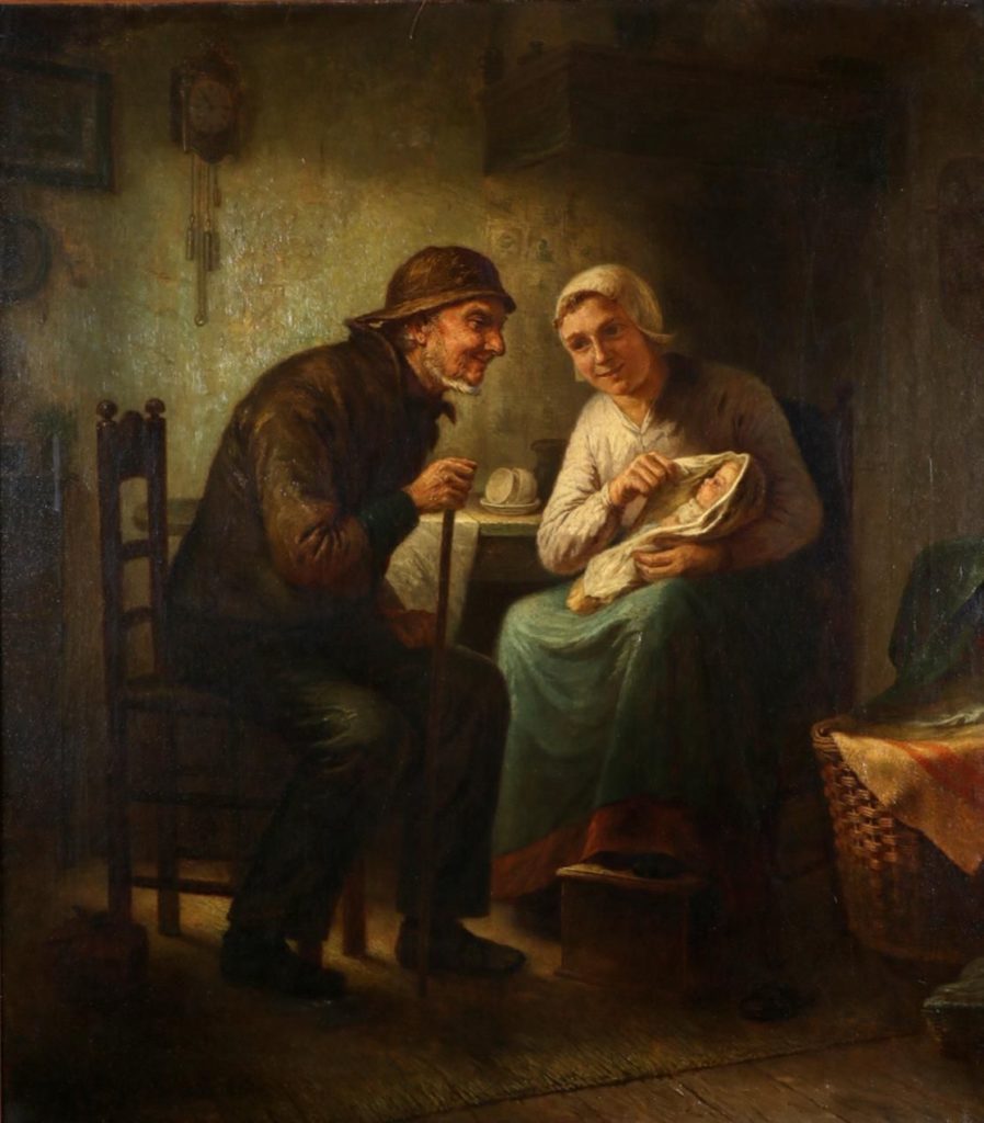 Kunstenaar Johannes Helder C5785W
Joh. Helder
Grootvader die naar zijn kleinkind kijkt
olie op doek, doekmaat 80 x 70 cm
linksonder gesigneerd