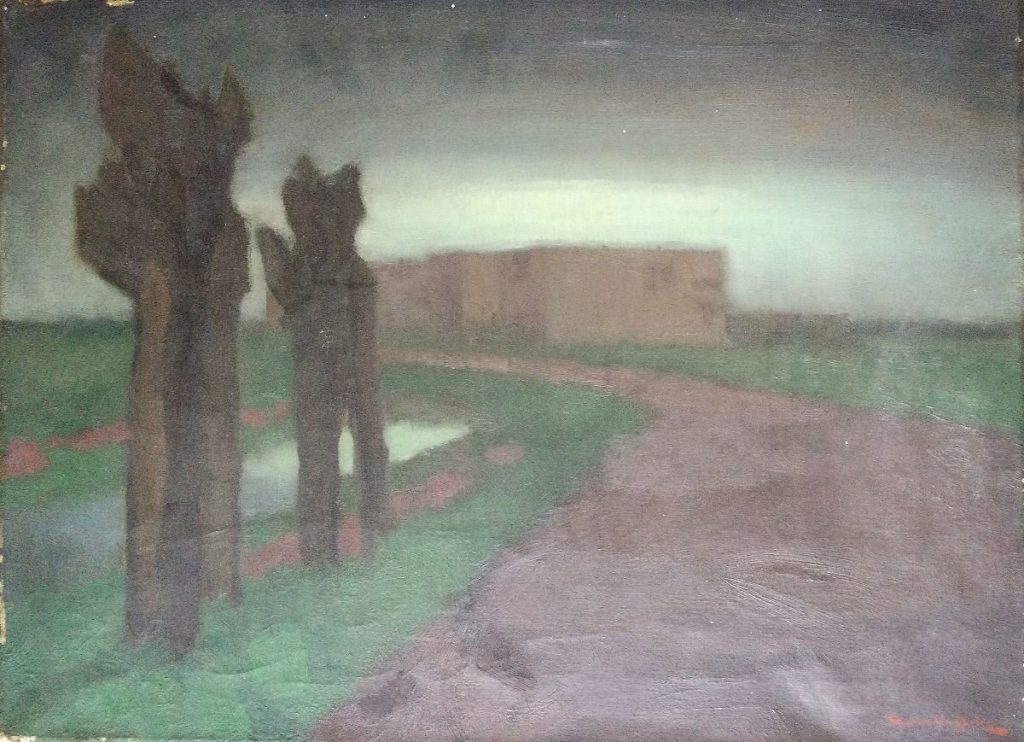 Schilderij van kunstschilder Gerrit van Duffelen 'Landschap wilgen en huis (van de schilder)' te koop bij expositie galerie Wijdemeren