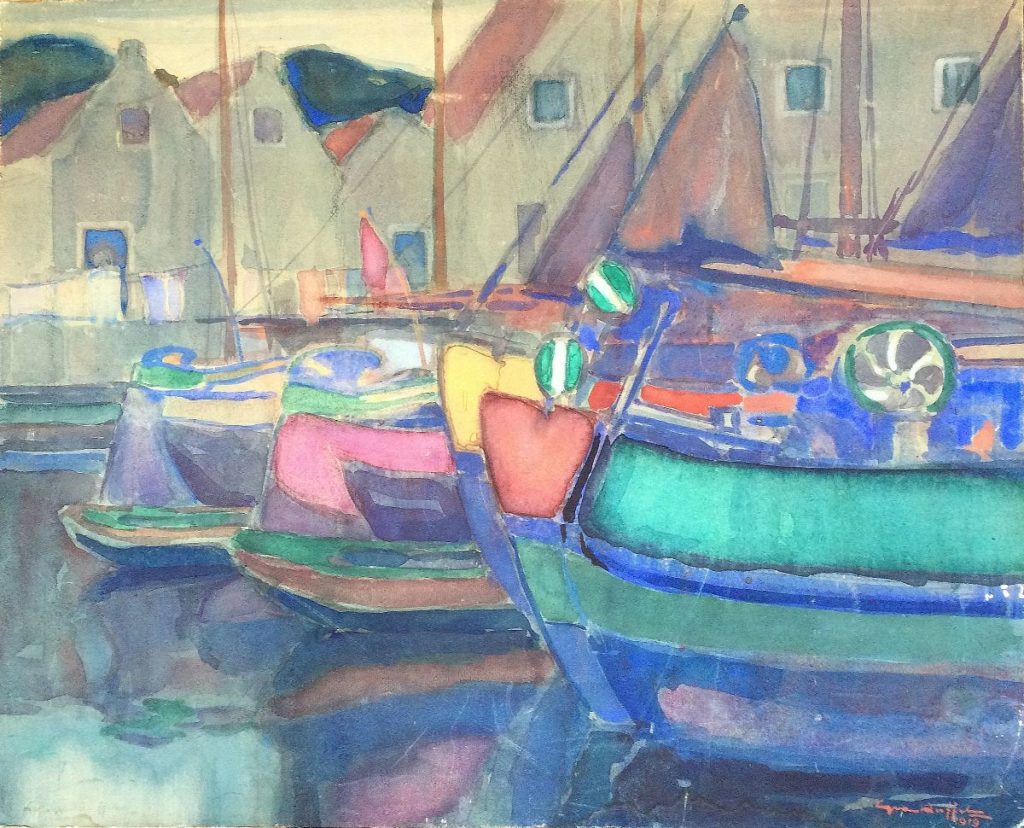 Schilderij van kunstschilder Gerrit van Duffelen 'Bootjes in haven' geschilderd in 1919 te koop bij expositie galerie Wijdemeren