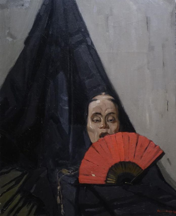 C5811B8 Gerrit van Duffelen Stilleven met Japans masker en waaier olieverf op doek, doekmaat 96 x 75 cm gesigneerd rechtsonder