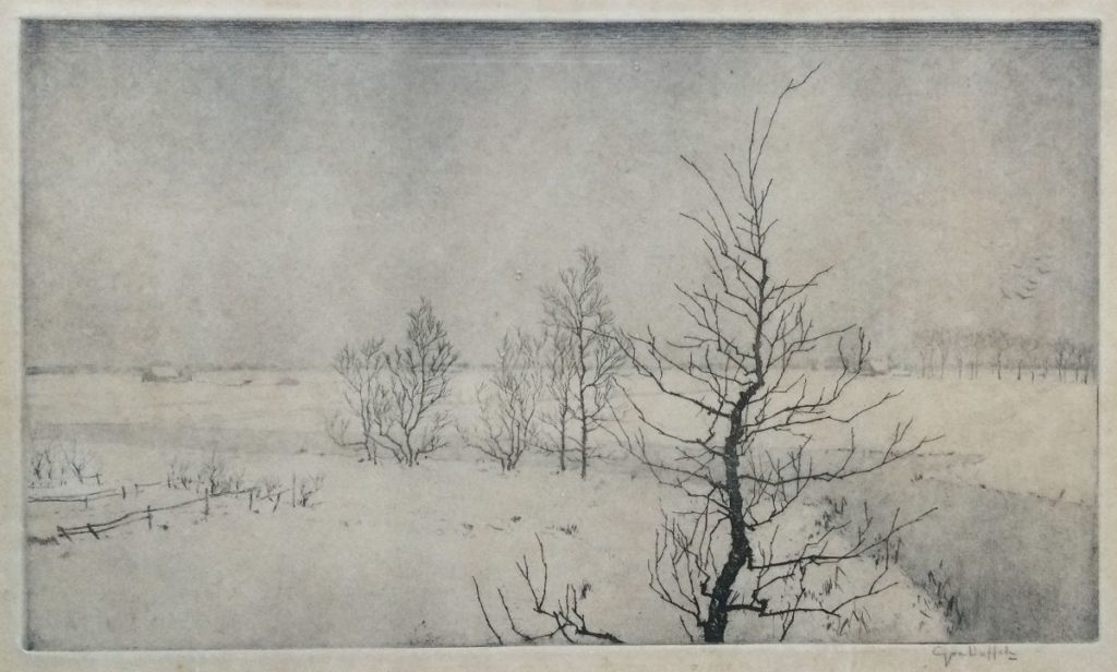 Schilderij van kunstschilder Gerrit van Duffelen 'Bomen in winters landschap' te koop bij expositie galerie Wijdemeren