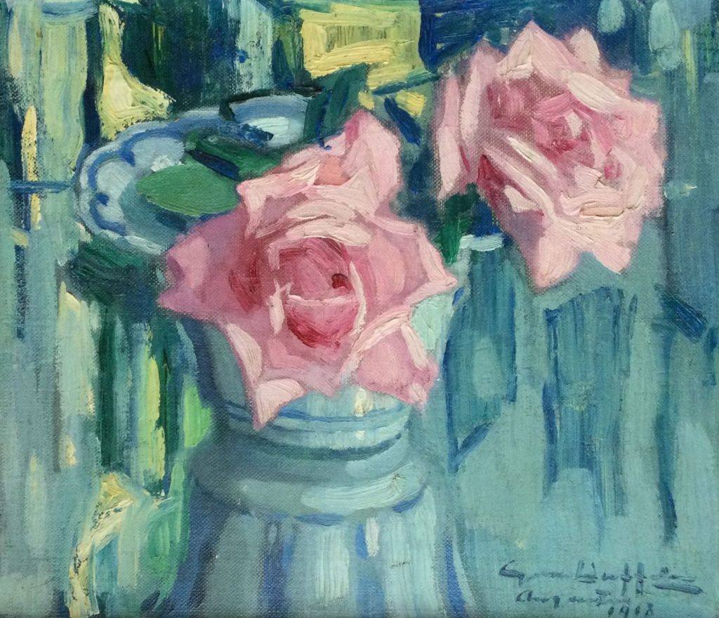 Schilderij van kunstschilder Gerrit van Duffelen geschilderd in 1918 'Roosje in een vaas' te koop bij expositie galerij Wijdemeren