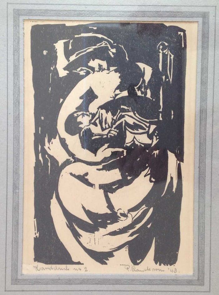 B2450 P. Landkroon Voorstelling met personen lino/houtdruk, handdruk nummer 2 rechtsonder handgesigneerd gedateerd: 1948 beeldmaat: 23,5 x 16 cm lijstmaat: 38 x 30 cm