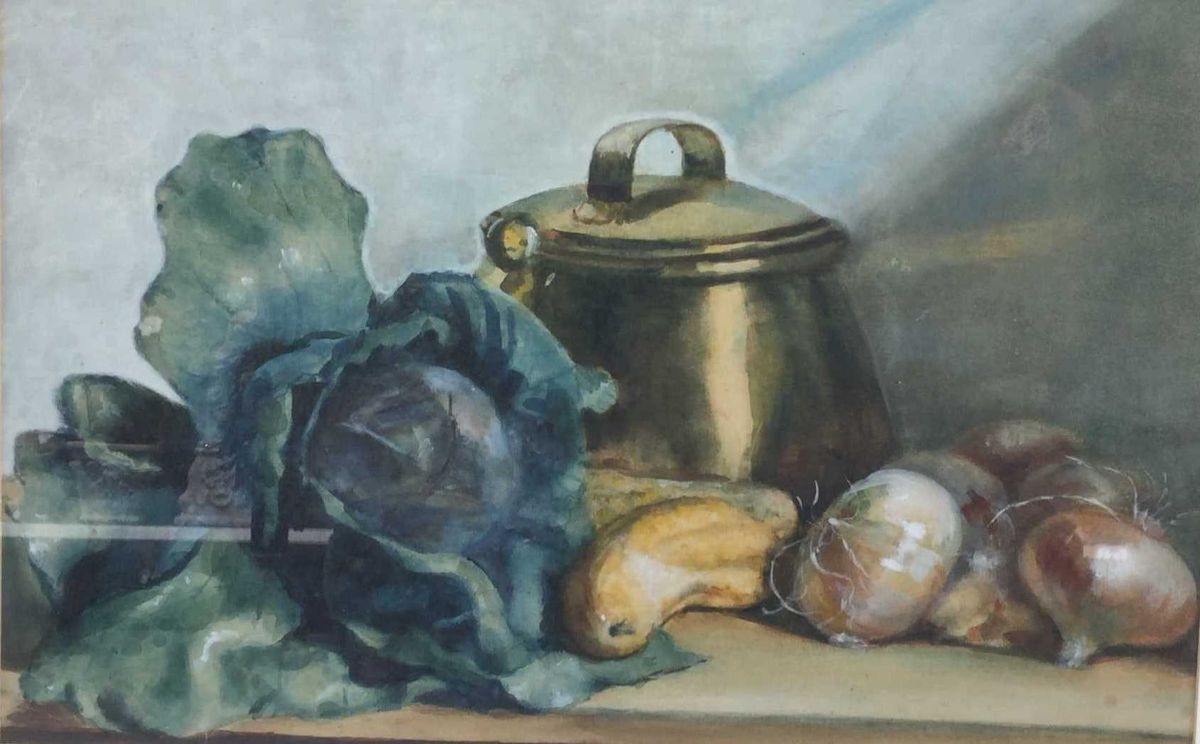 C3979-4 Corry Slager Stilleven met groentes aquarel, beeldmaat: 35 x 53 cm lijstmaat: 54 x 71 cm rechtsonder gesigneerd