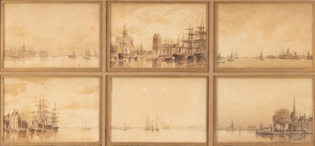 schilderijen te koop van kunstschilder, Charles Henry Baskett Zes havengezichtjes aquatint, beeldmaat per stuk 7 x 10.5 cm alle zes rechtsonder gesigneerd, expositie, galerie wijdemeren breukeleveen