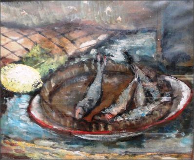 Kunstenaar  832
Marie Sperling
Stilleven met Sardines
olie op papier, beeldmaat 32 x 40