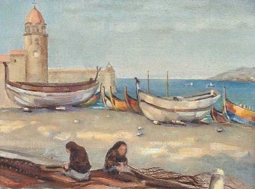 B8415 G.B. Olislagers Schepen aan de Franse kust olie op doek, doekmaat 30 x 40 cm lijstmaat 47 x 57 cm linksonder gesigneerd