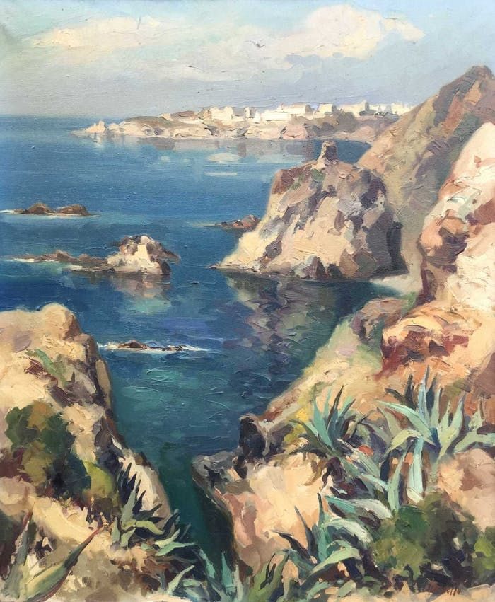 E. Torroella  (Gerona 1921 - 1998) Spaans Landschap aan de Middellandse Zee olie op doek, doekmaat 55 x 46 cm lijstmaat 56 x 47 cm rechtsonder gesigneerd