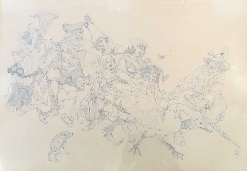 C769-1 Will Berg Fantasievoorstelling met figuren inkttekening op papier, beeldmaat: 48 x 68 cm lijstmaat: 52 x 71,5 cm rechtsonder gesigneerd